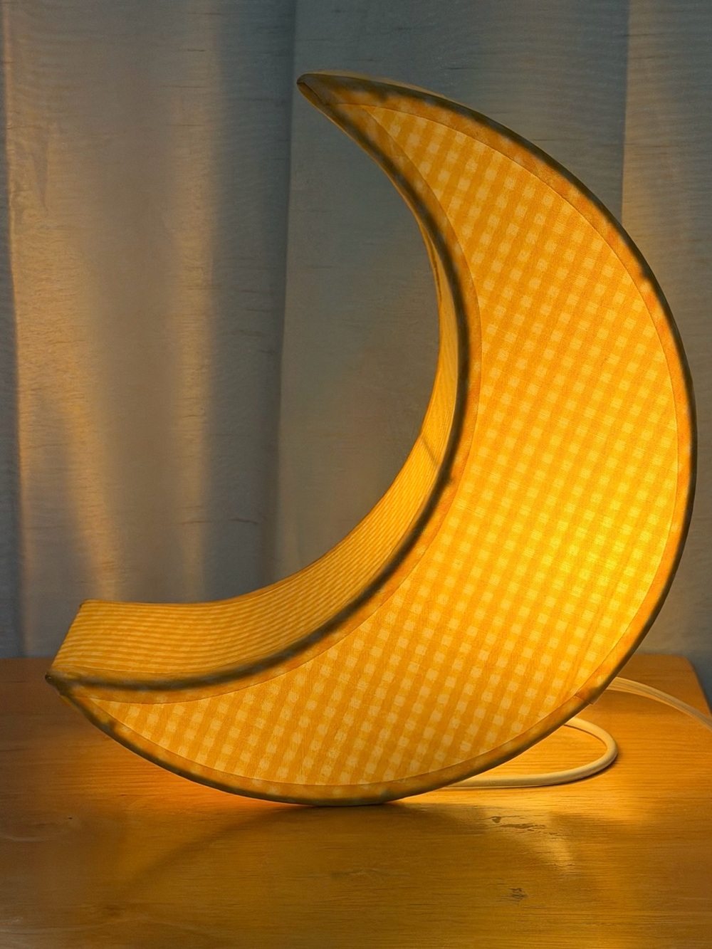 Crescent Moon Nursery Lamp Yellow Gingham Baby Room Night Light 10” Decor